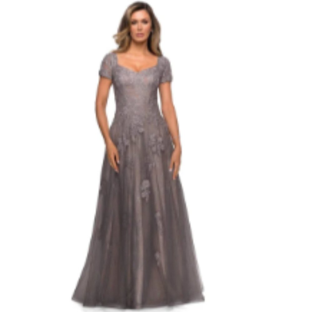 LA FEMME EVENING DRESS 27968 Gray Floral Size 14 New Without Tags